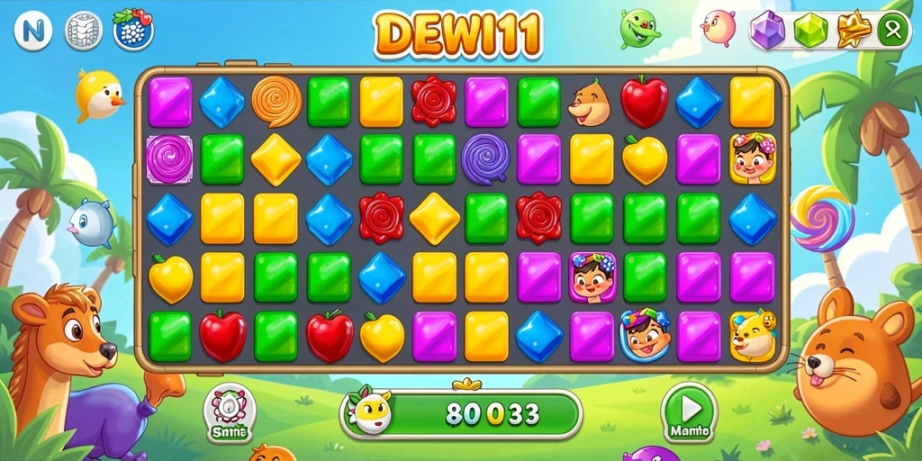 Screenshot gameplay DEWI11 menampilkan kombinasi warna-warni yang menarik dalam Match-3.