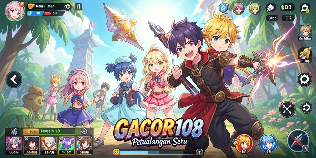 Tampilan gameplay GACOR108 yang penuh warna dan dinamis.