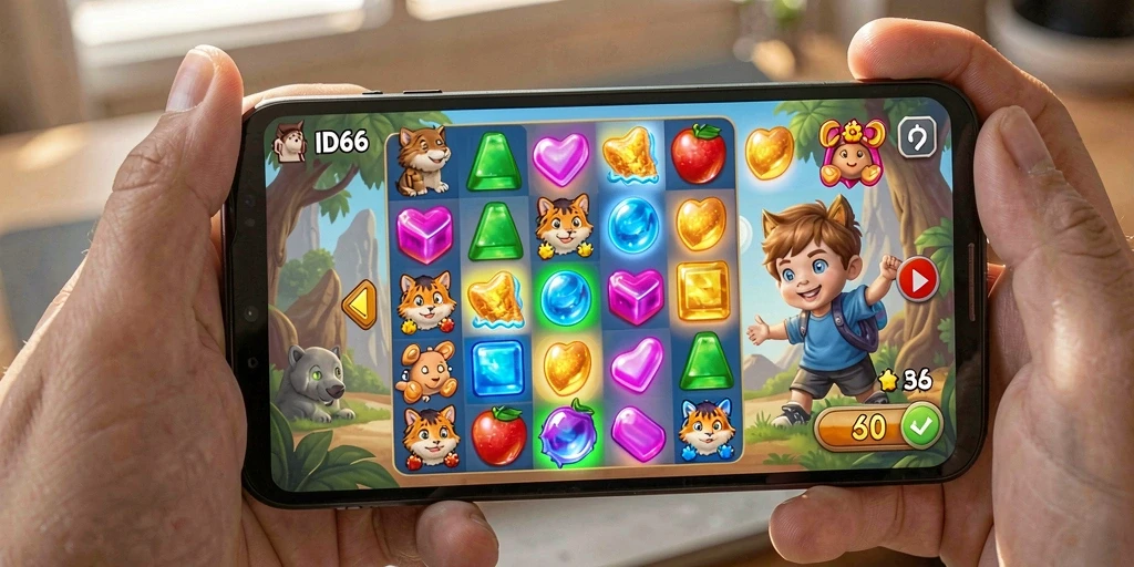 Screenshot menunjukkan gameplay seru dari ID66 dalam gaya Match-3.