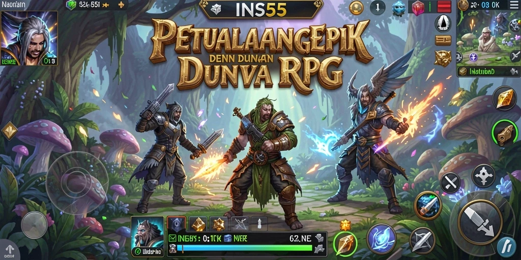 Screenshot INS55 menampilkan aksi pertarungan seru dalam permainan RPG.