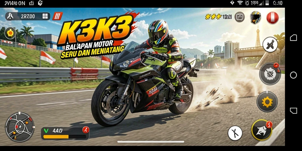 Screenshot gameplay K3K3 dengan balapan motor yang mendebarkan.