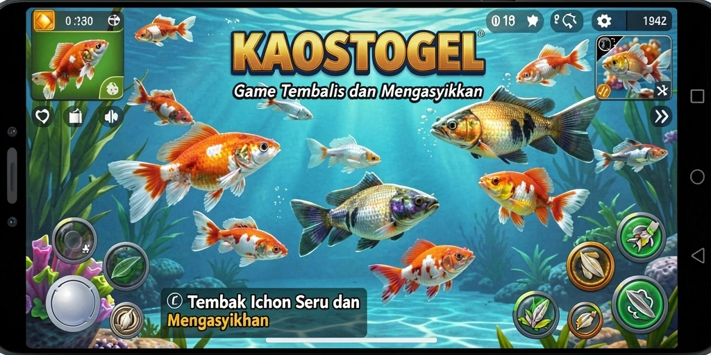 Screenshot gameplay KAOSTOGEL menampilkan aksi menembak ikan yang seru.