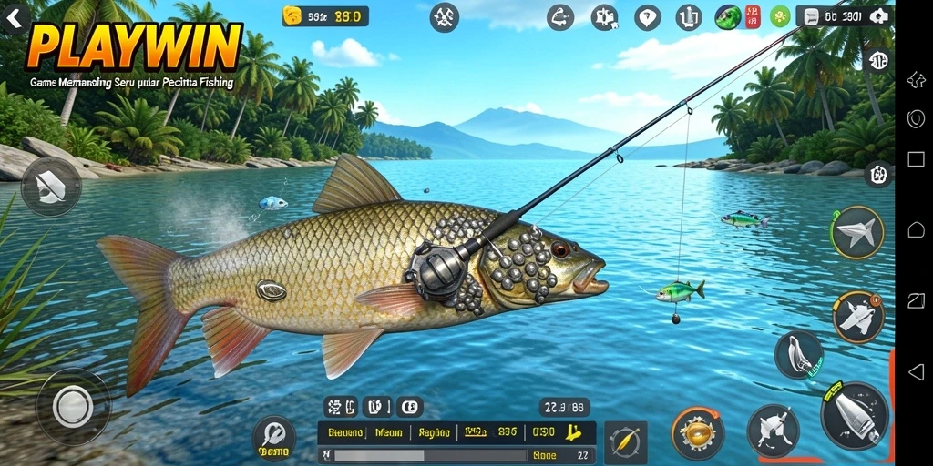 Screenshot gameplay menunjukkan aksi memancing yang mendebarkan.