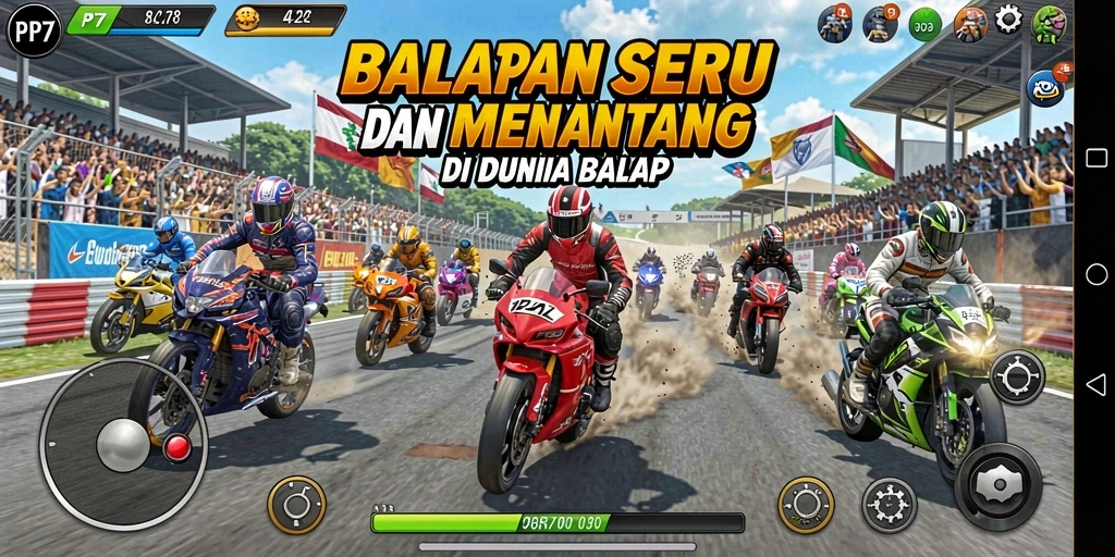 Tampilan utama gameplay PP7 saat balapan penuh adrenalin.
