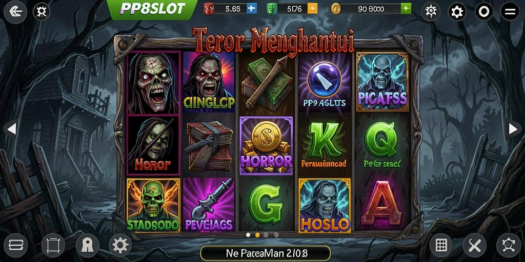 Screenshot gameplay PP8SLOT yang menampilkan suasana horror yang mencekam.