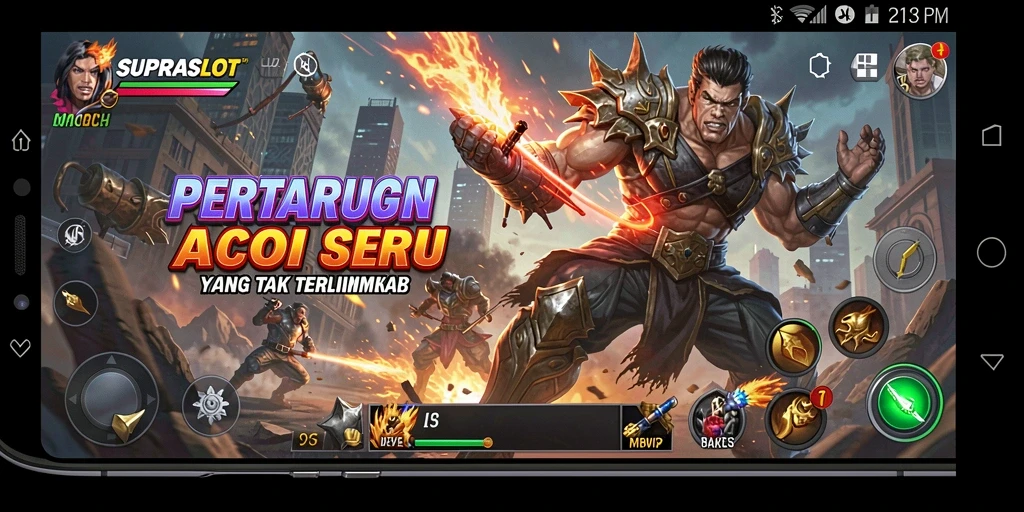Screenshot menampilkan pertarungan seru dengan karakter unik dalam SUPRASLOT.